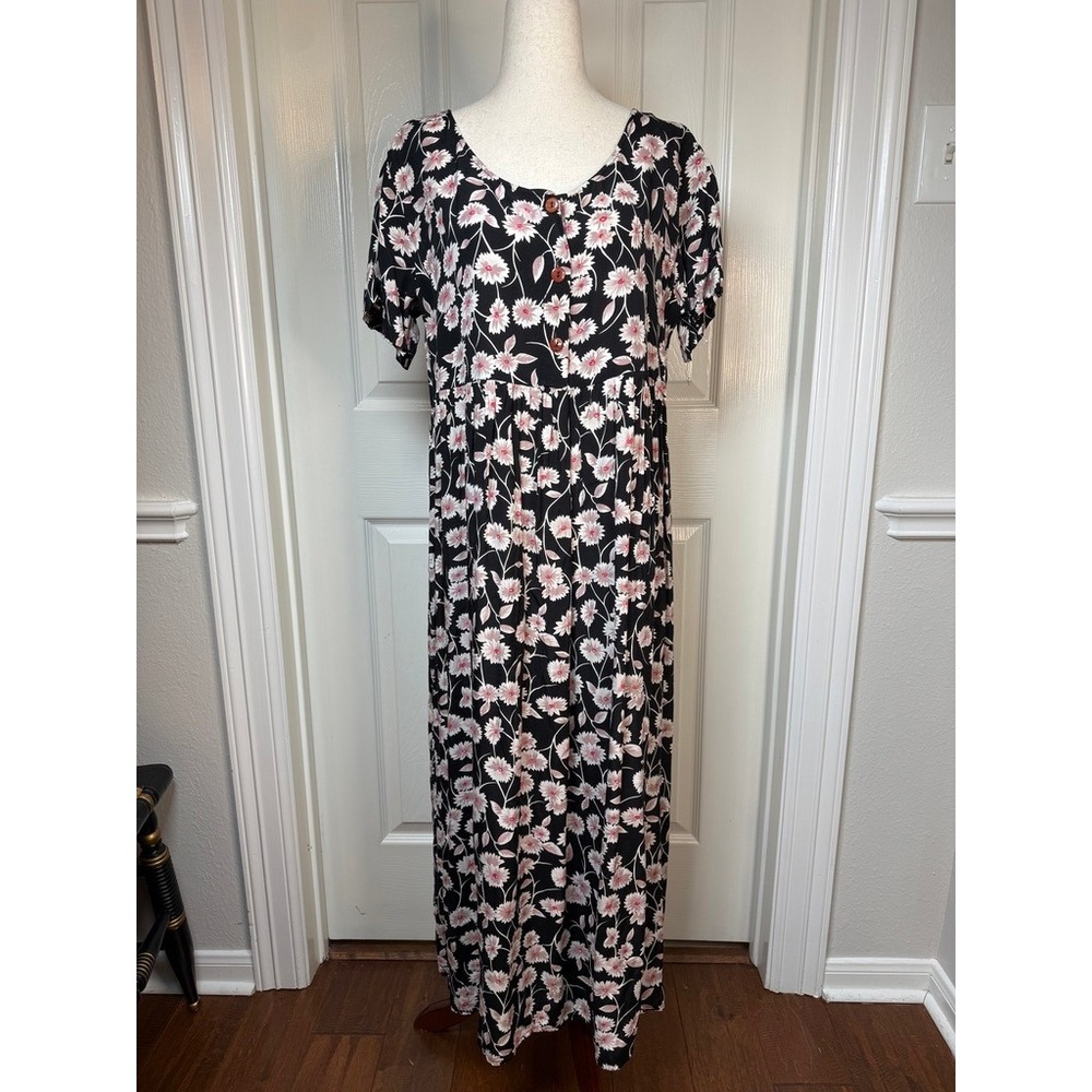 Vintage Rampage 90s Floral Maxi Dress Black Pink Daisy Grunge Rayon Womens M/L